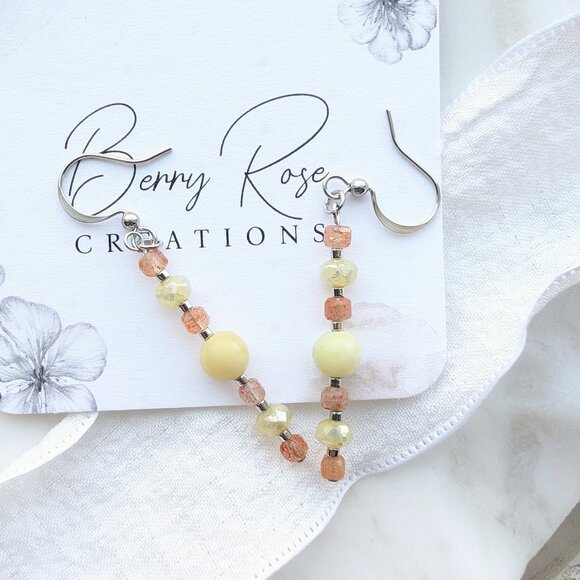 Yellow African Opal and Orange Sunstone Steel Dangle Earrings - Picture 2 of 4